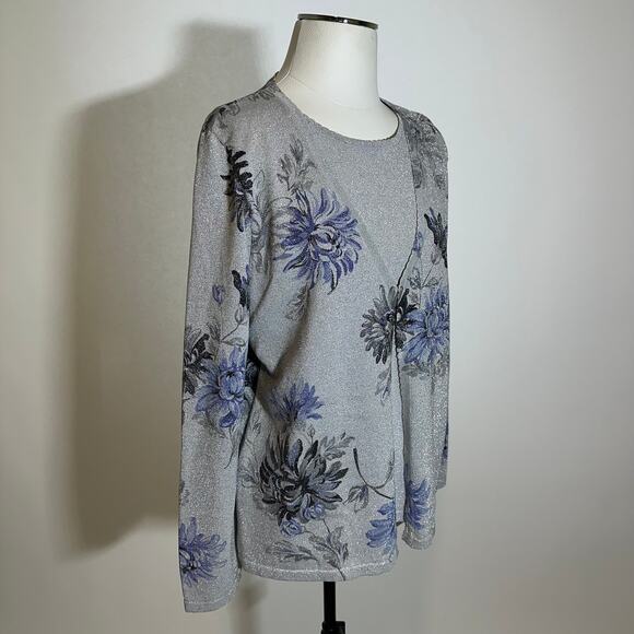Alfred Dunner Gray Floral Glitter Long Sleeve Layered Blouse Womens Size Small S - Picture 2 of 9